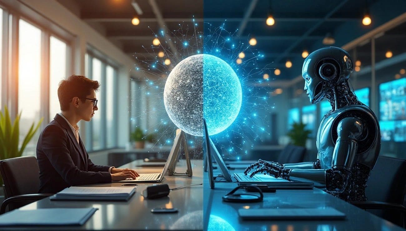 A human professional on one side and an AI agent on the other, working in parallel